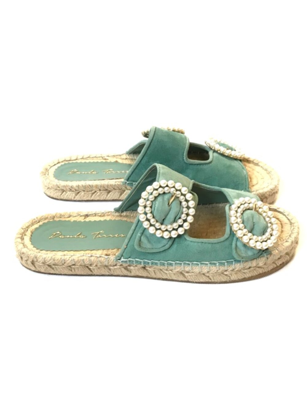 Paula Torres Zoe Espadrille Slide Sandals Womens 7 38 Green Blue Pearl Buckle